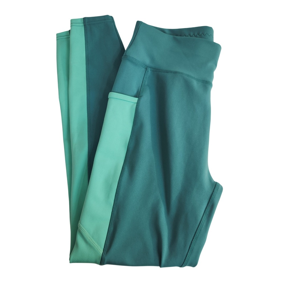 POP Fit Womens High Waisted Leggings Teal Green Colorblock Athletic Pants Size M